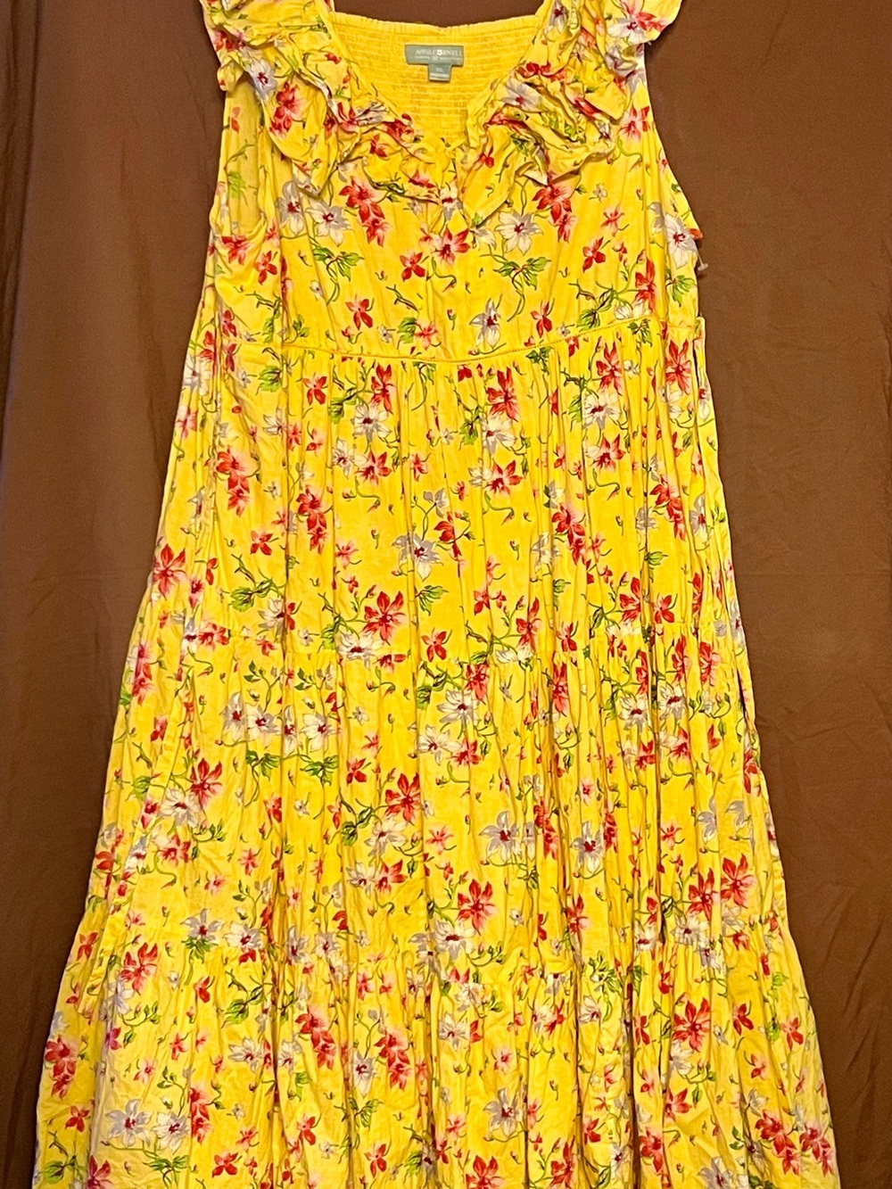 April Cornell Yellow Floral Ruffled Belted Tiered Maxi Dress